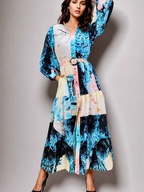 MULTICOLOR BUTTON DOWN
DRESS (BLK, BLUE)